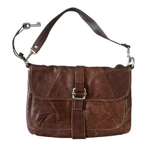 FOSSIL‎ BROWN STAIN WEATHERED LEATHER SHOULDER BAG WITH KEY VINTAGE LIGHTWEIGHT